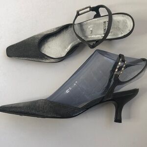 Stuart Weitzman silver metallic pointy square toe kitten heel slingbacks